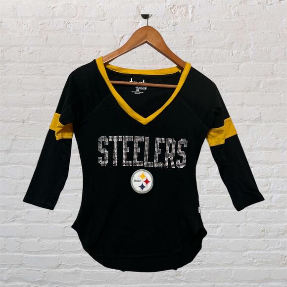 Women’s Pittsburgh Steelers Rhinestone V-Neck 3/4 Sleeve Shirt Black Gold – XS - Picture 1 of 9
